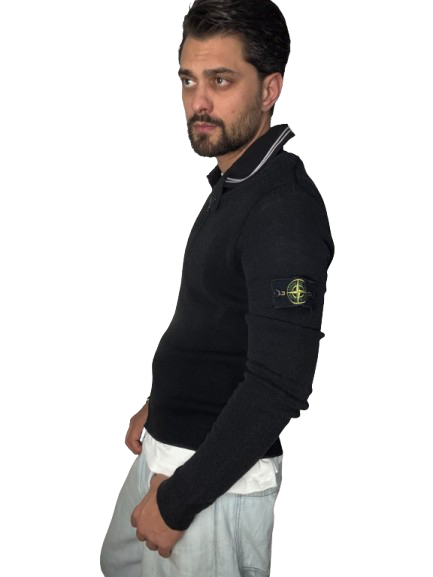 Maglione collo a righe con zip Stone Island nero
