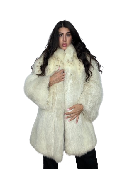 Cappotto Vintage in Pelliccia di Volpe Bianca Linciata Avorio