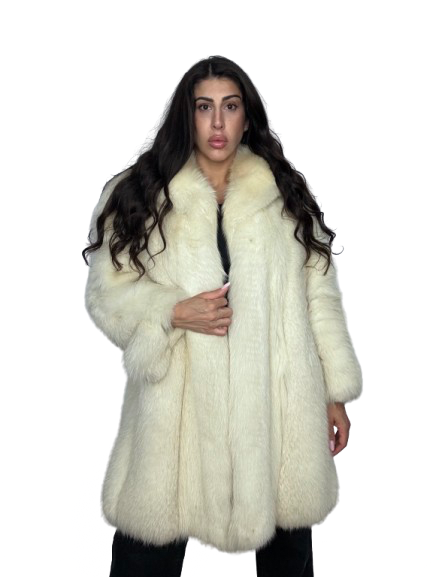 Cappotto Vintage in Pelliccia di Volpe Bianca Panna