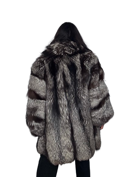 Cappotto Vintage in Pelliccia di Volpe Argentata Grafite