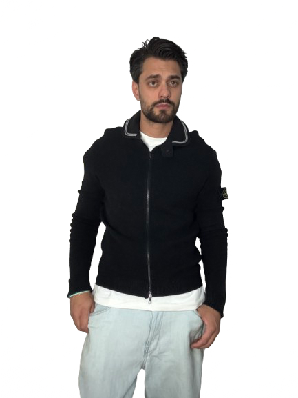 Maglione collo a righe con zip Stone Island nero